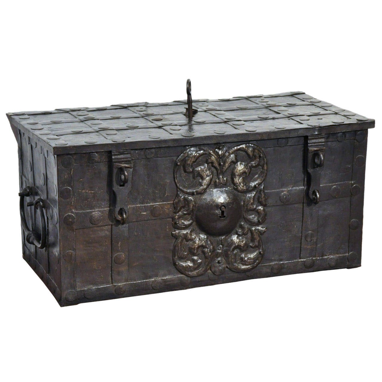 18th century antique wrought iron safe trunk called 