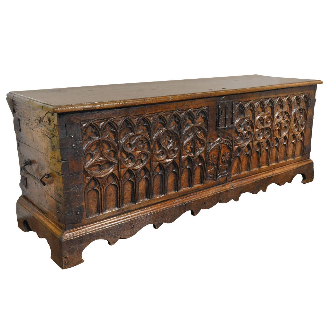18th C. Carved Chestnut Spanish Trunk at 1stDibs