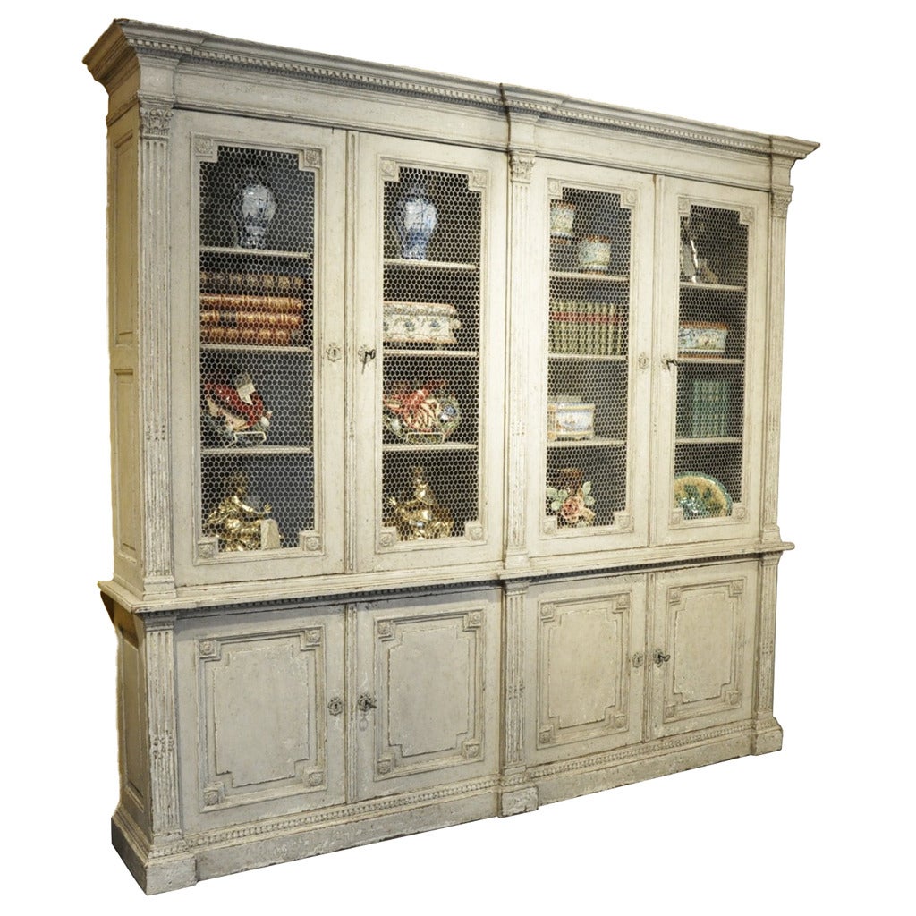 Antique Louis XVI Painted Bookcase Vitrine Display Cabinet