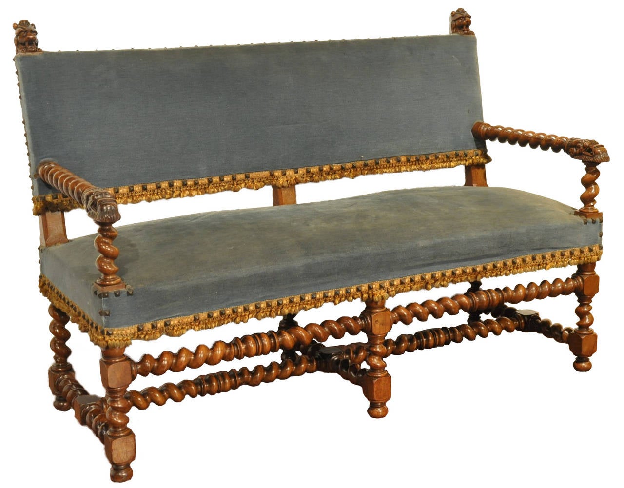 19th century walnut Louis 13 barley twist settee with lion heads on armrests and back (c:1860). Beautiful patina.