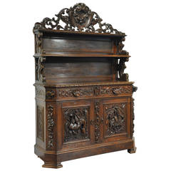 Antique 19th Century French Black Forest Carved Oak Display Buffet with Hunt Motifs