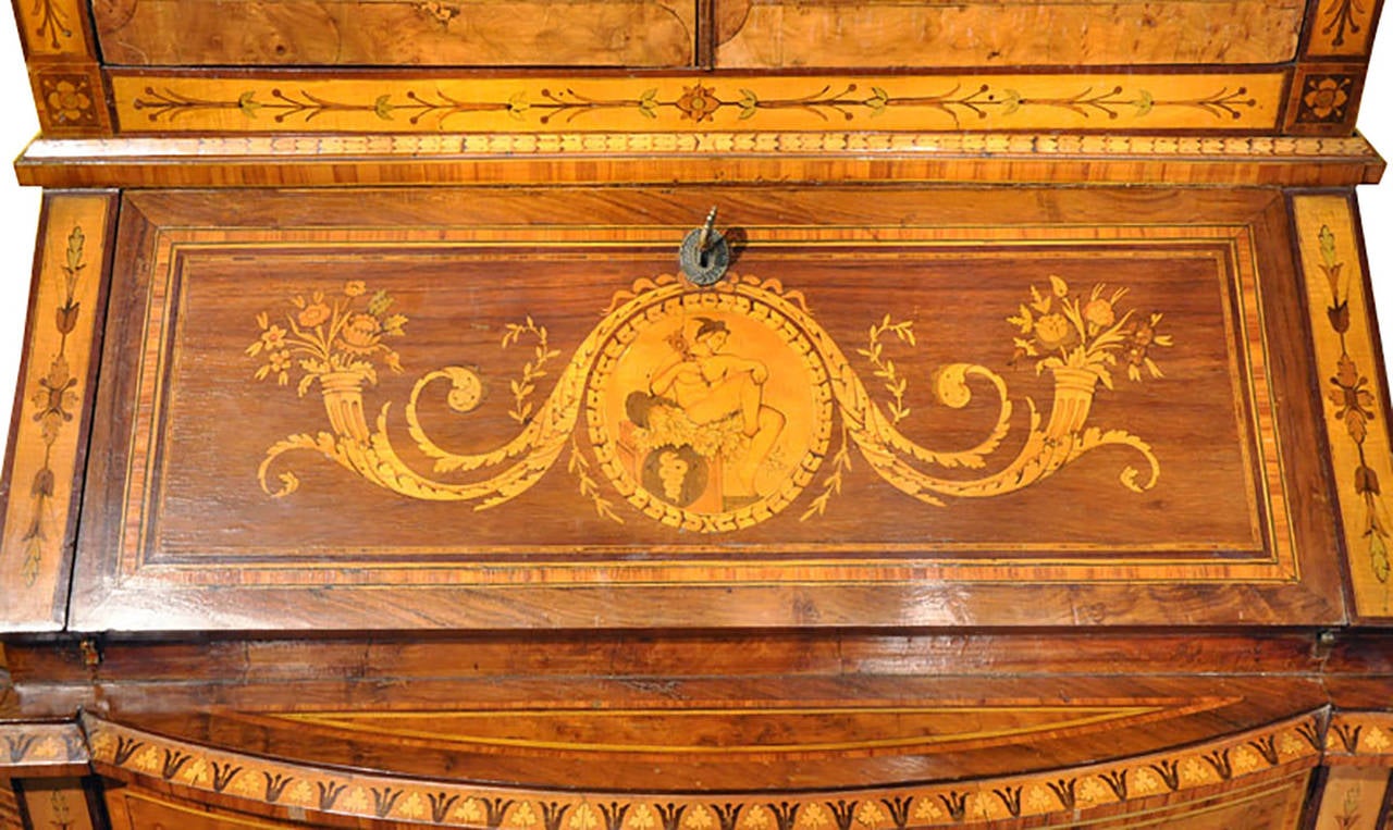 Hand-Carved 19th Century Italian Walnut Bombe Secretary Bookcase with Marquetry Inlay