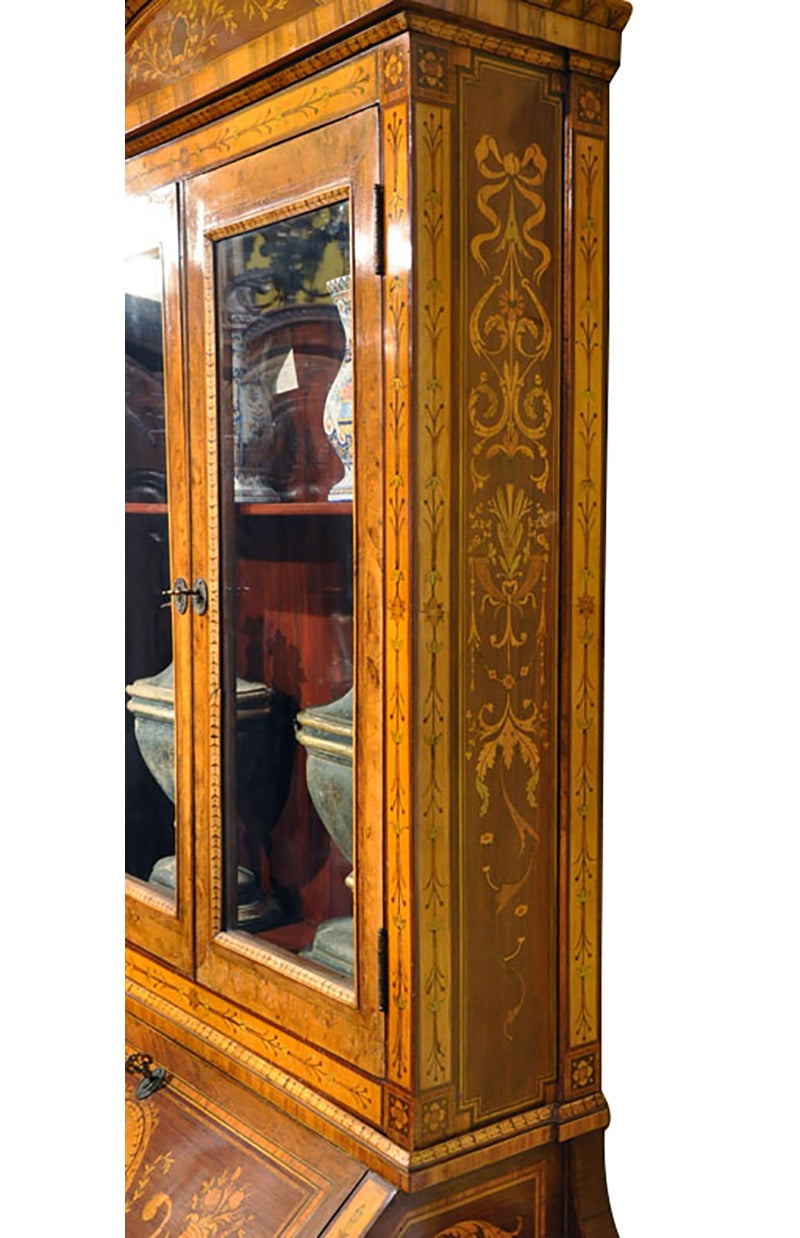 19th Century Italian Walnut Bombe Secretary Bookcase with Marquetry Inlay 2