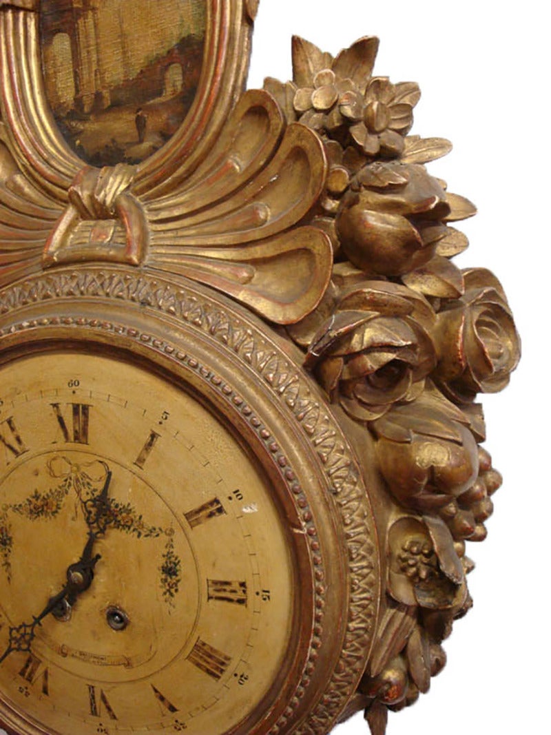 Hand-Carved 18th Century French Louis XVI Carved Giltwood Wall Clock with Oval Painting For Sale