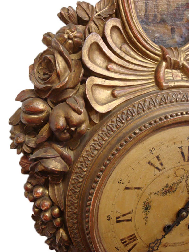 18th Century French Louis XVI Carved Giltwood Wall Clock with Oval Painting In Excellent Condition For Sale In Dallas, TX