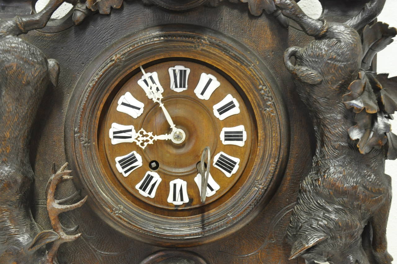 Carved PAIR OF BLACK FOREST CLOCK & BAROMETER (c:1870)