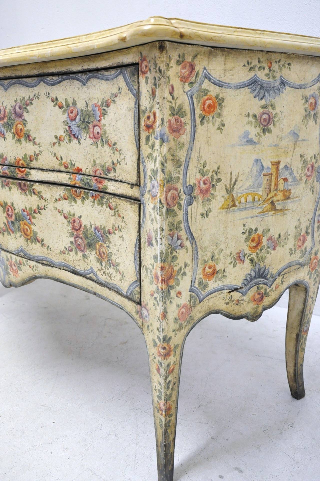 Louis XV Antique Venetian Painted Commode Chest with Marble