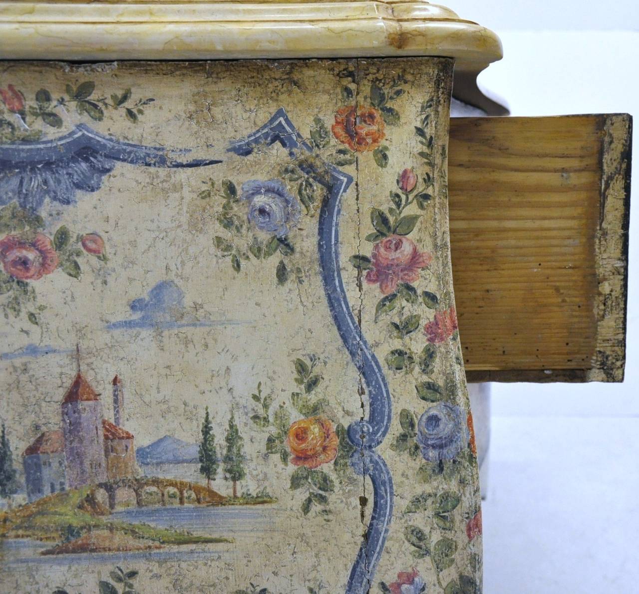 Antique Venetian Painted Commode Chest with Marble In Excellent Condition In Dallas, TX