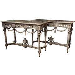 Pair of 19th Century Louis XVI Carved Painted Consoles with Faux Marble Top 3