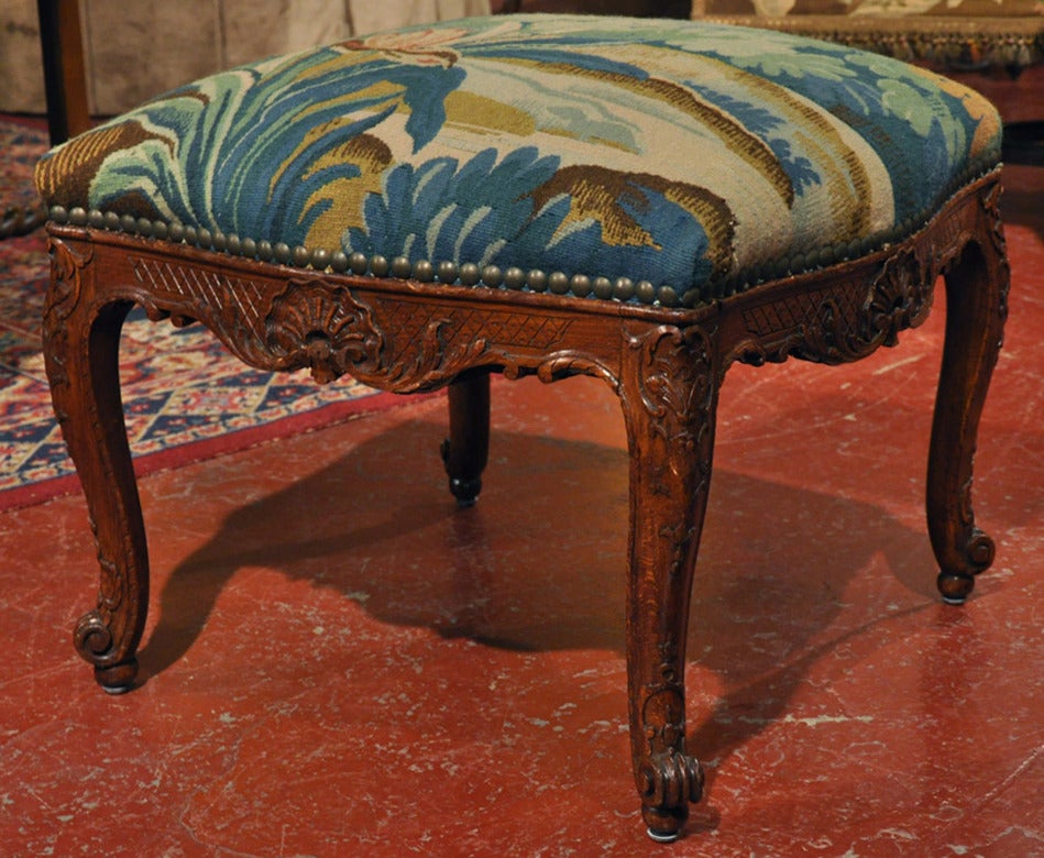 Antique Louis XV Walnut Stool with Aubusson Tapestry 1