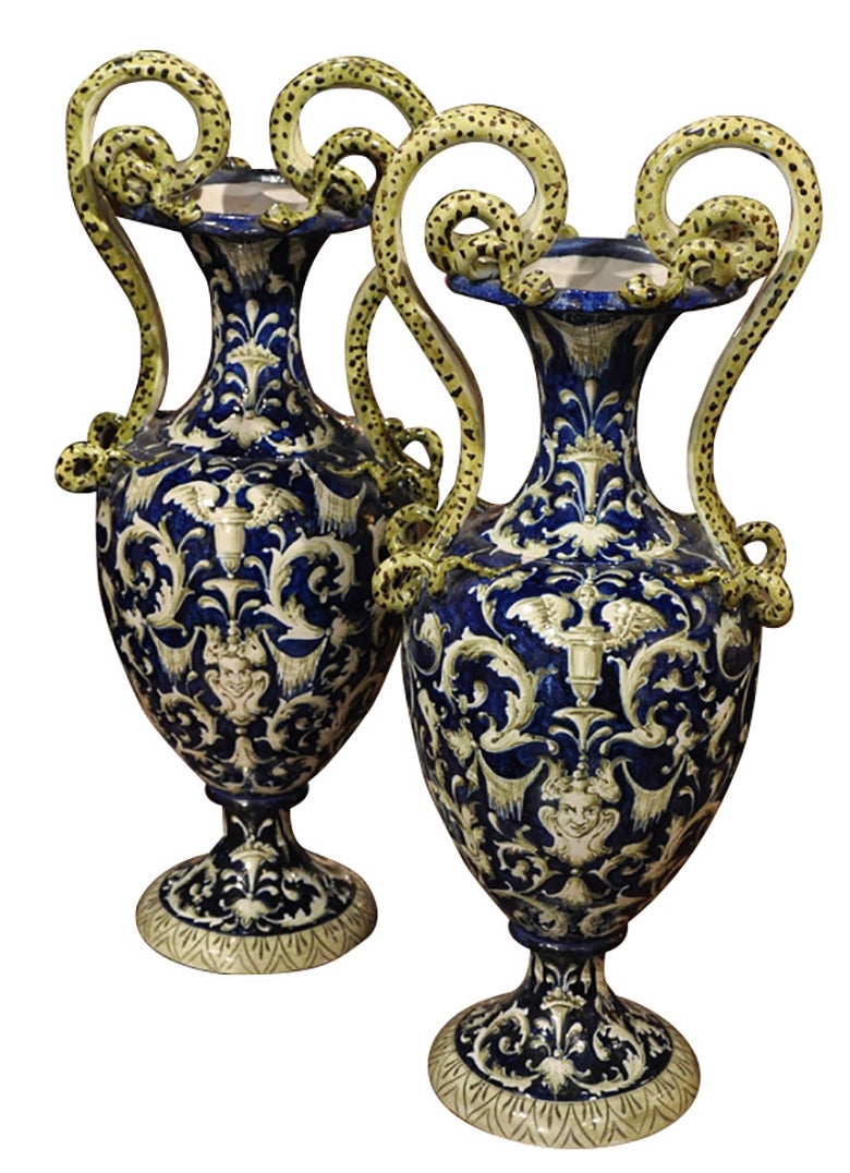 Pair of Antique 19th Century Majolica Italian Vases 1