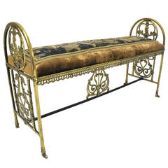 Antique Brass Bench with Aubusson Tapestry