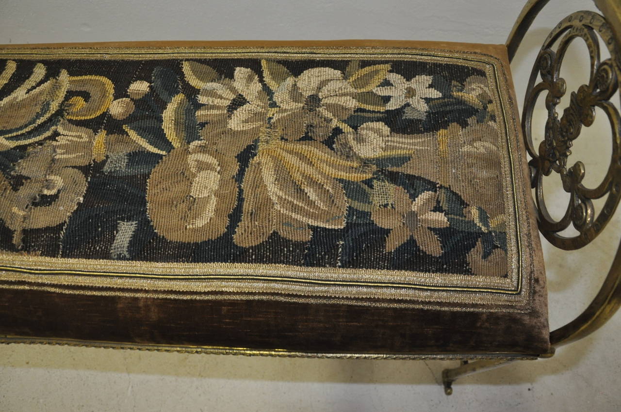 French Antique Brass Bench with Aubusson Tapestry