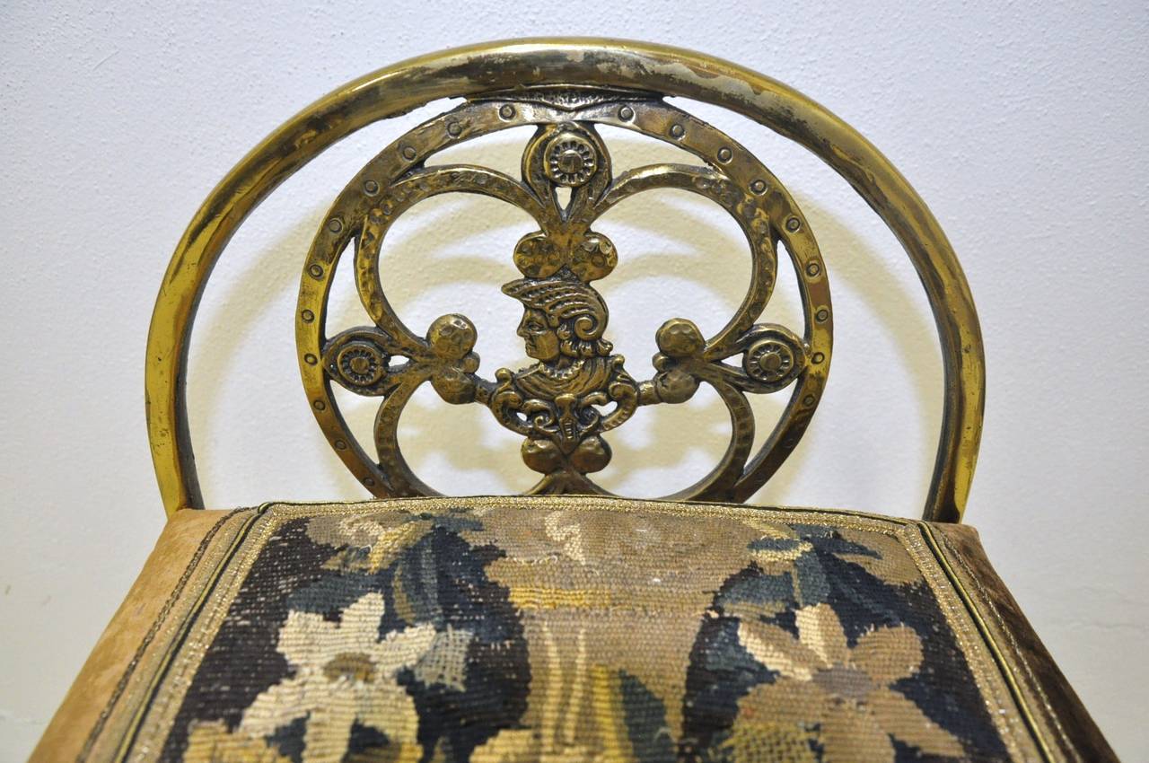 Antique Brass Bench with Aubusson Tapestry 1