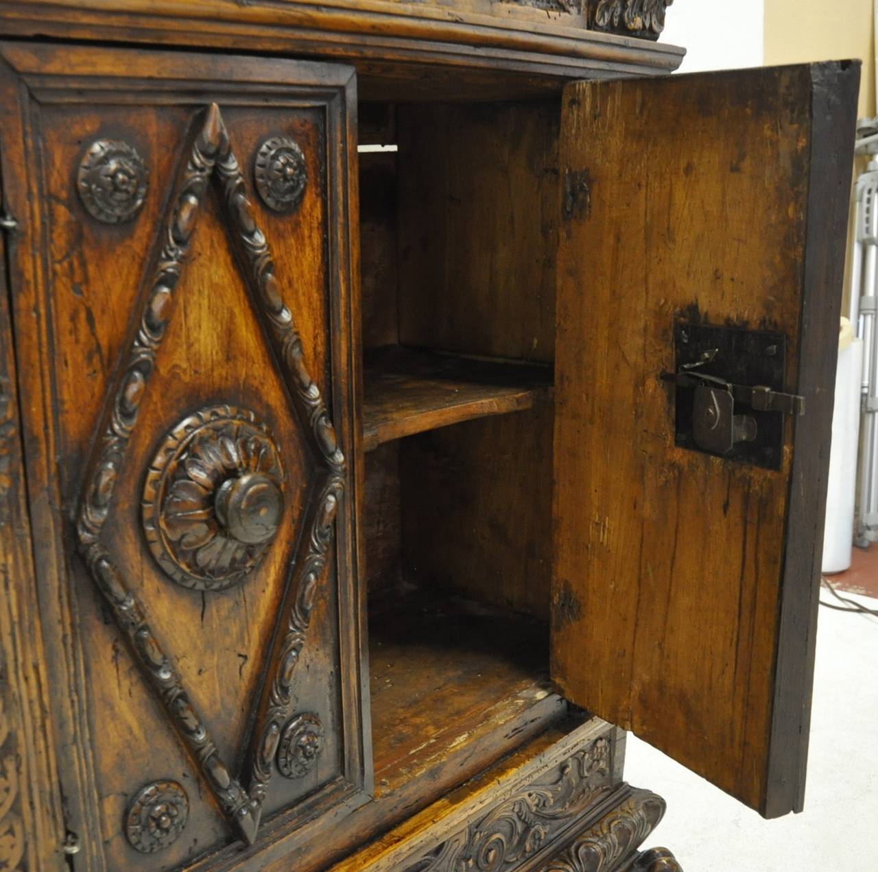 Gothic Antique Italian Walnut Sideboard Buffet Cabinet