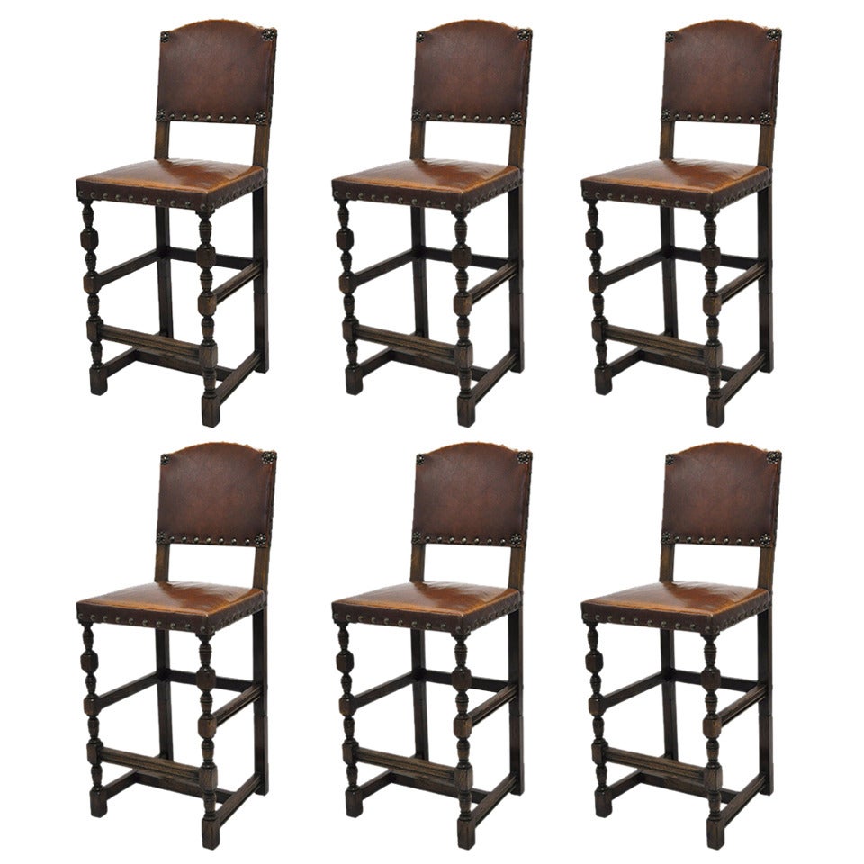 Set of Six Bar Stools with Leather, circa 1900