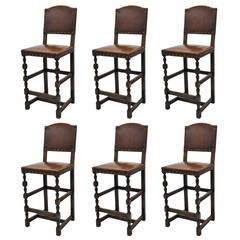 Antique Set of Six Bar Stools with Leather, circa 1900