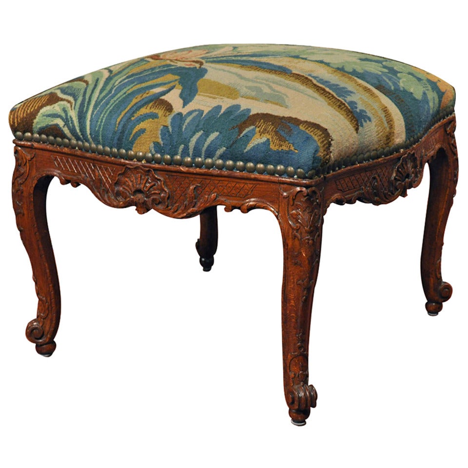 Antique Louis XV Walnut Stool with Aubusson Tapestry