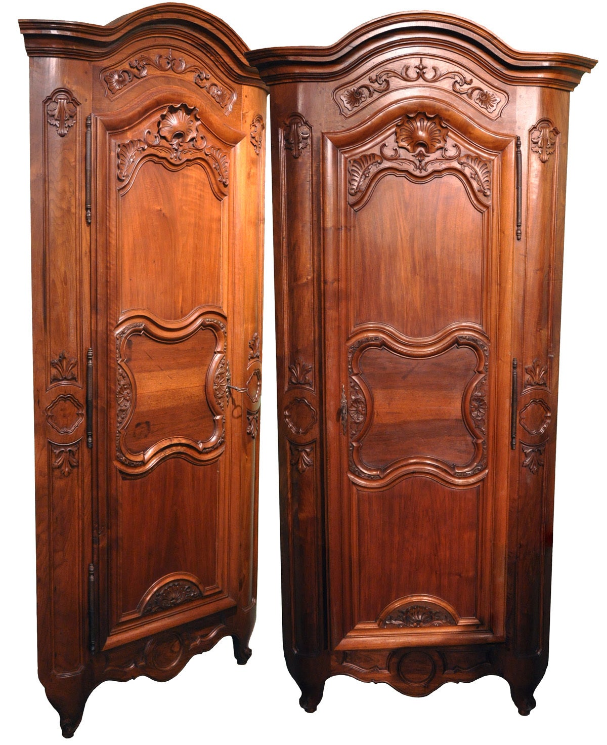 Pair of Large French Walnut Corner Cabinets from Lyon
