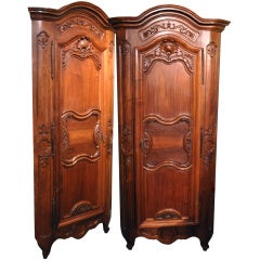 Pair of Large French Walnut Corner Cabinets from Lyon