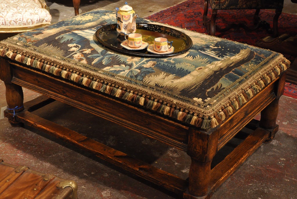 French Walnut Coffee Table Ottoman with Antique Aubusson Tapestry