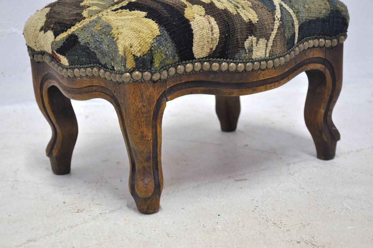 French 19th Century Foot Stool with Antique Aubusson Tapestry