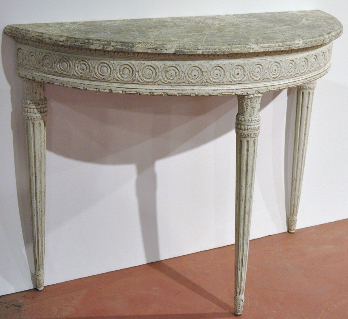 French Pair of 19th Century Louis XVI Carved Painted Demilune Console Tables