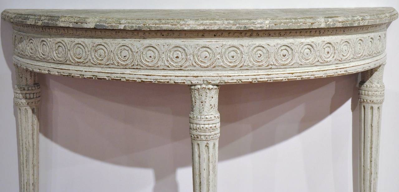 Pair of 19th Century Louis XVI Carved Painted Demilune Console Tables In Excellent Condition In Dallas, TX