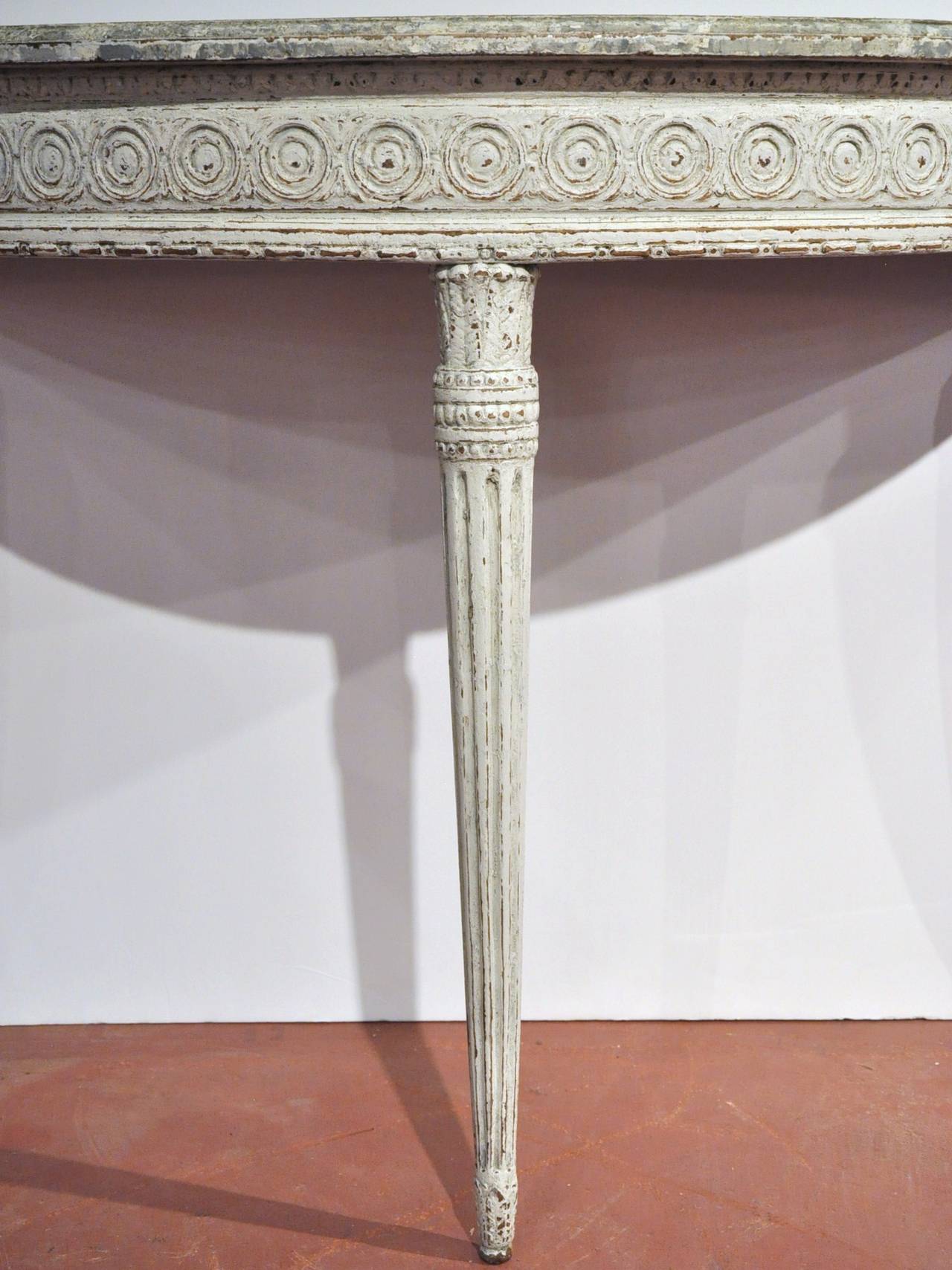 Oak Pair of 19th Century Louis XVI Carved Painted Demilune Console Tables