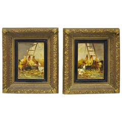Pair 19th Century European Signed Chickens Paintings Pair 19th Century European Signed Chickens Paintings