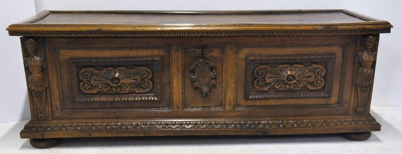 Beautifully carved Italian walnut trunk cassone with bun feet (circa 1720). Fine carved figures on either side of each panel, this trunk opens up on top for great storage.