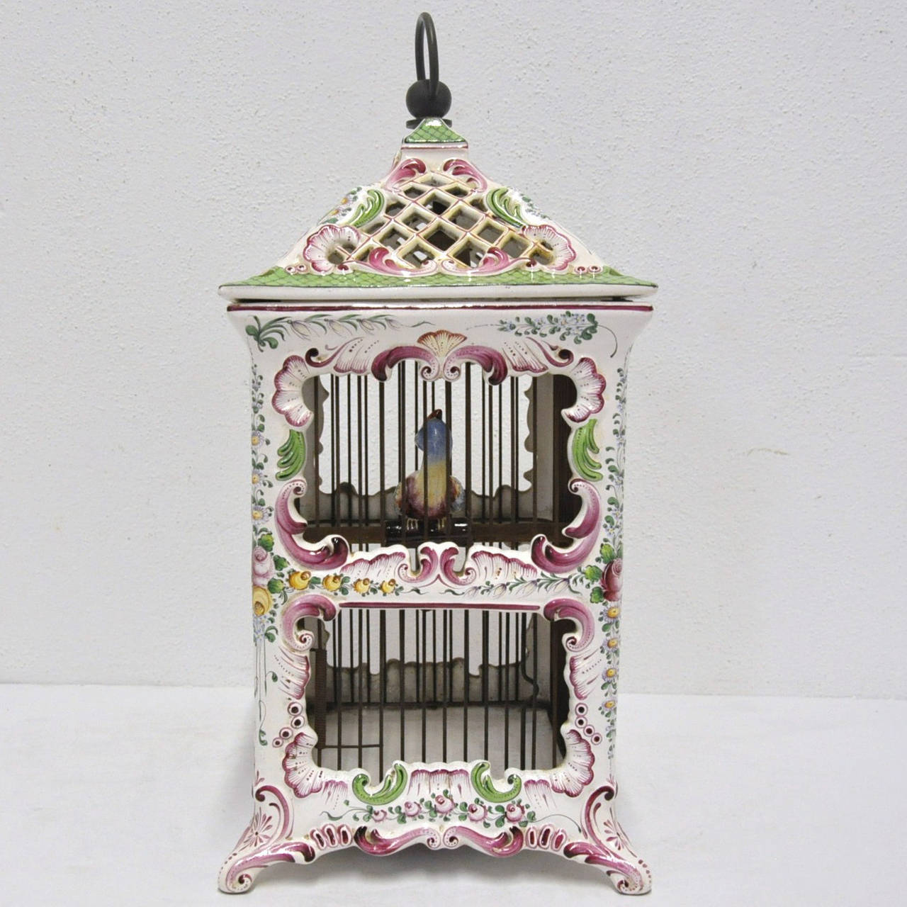 Hand-Crafted 19th Century, French, Hand-Painted Porcelain Birdcage Lamp from Paris