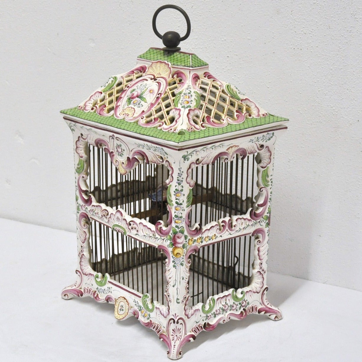 19th Century, French, Hand-Painted Porcelain Birdcage Lamp from Paris In Excellent Condition In Dallas, TX