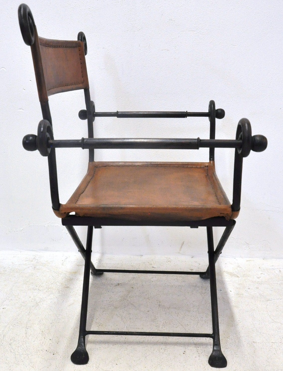 Forged Set of Four Italian Wrought Iron Campaign Folding Armchairs with Brown Leather