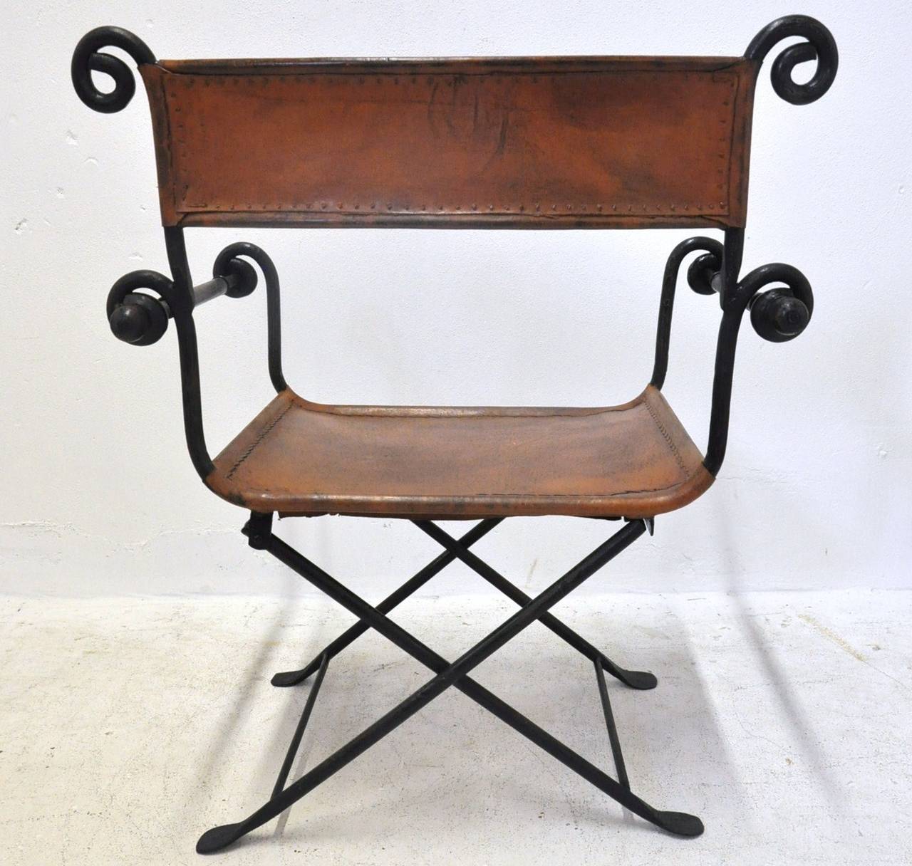 Set of Four Italian Wrought Iron Campaign Folding Armchairs with Brown Leather 2