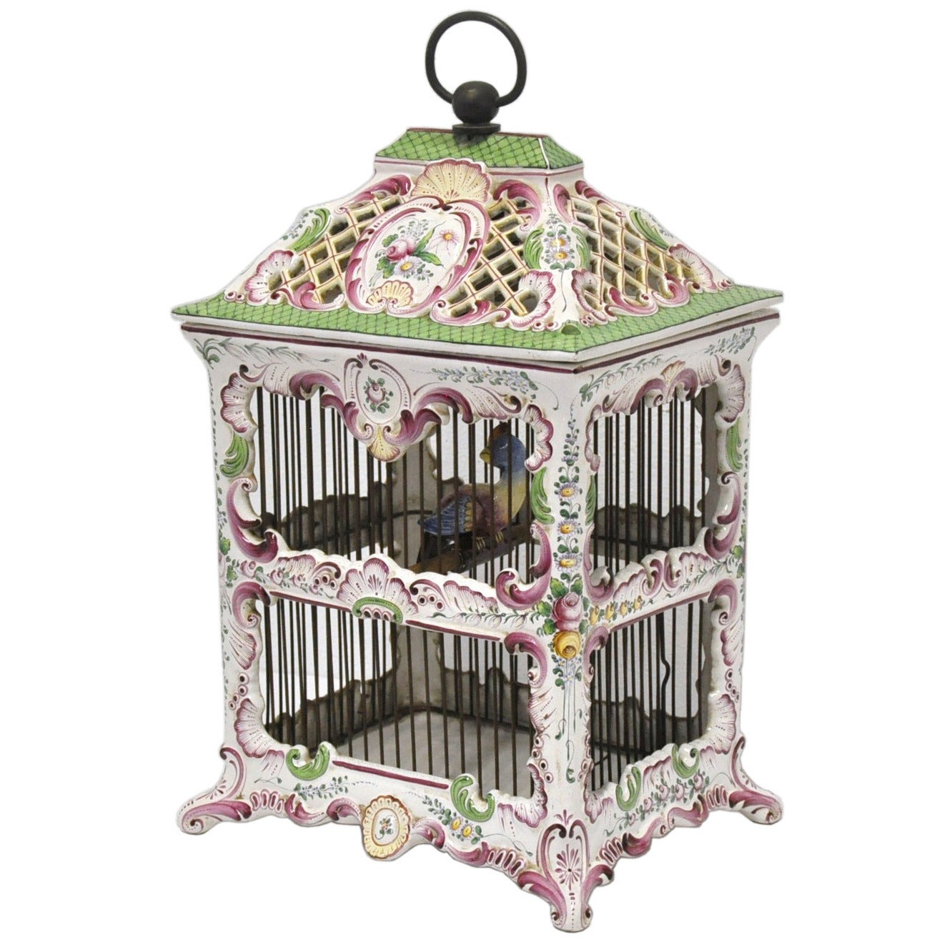 19th Century, French, Hand-Painted Porcelain Birdcage Lamp from Paris
