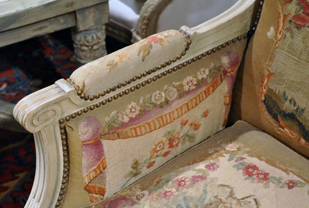 Pair of 19th Century French Louis XVI Painted Armchairs with Aubusson Tapestry 1