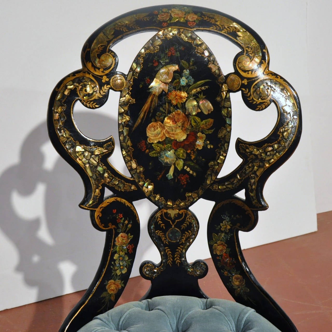 19th Century French Lacquered Gilt and Mother of Pearl Chairs and Table Set 2