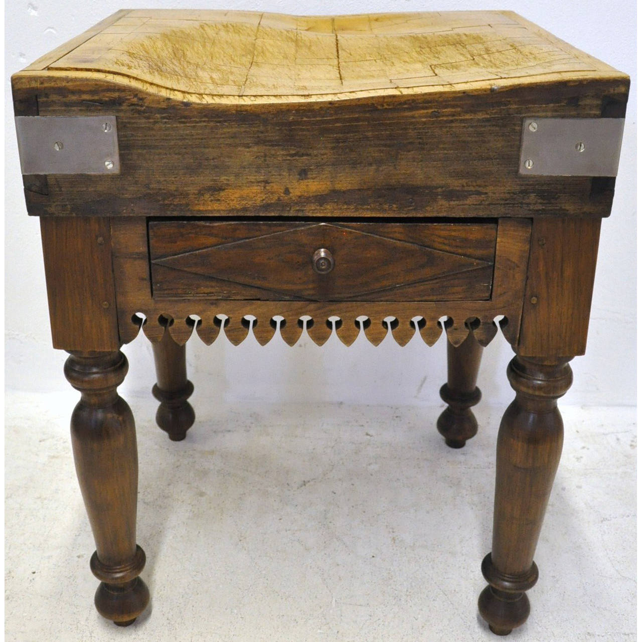 Charming antique wooden butcher block table with center drawer (circa 1900). Finished on all 4 sides, would make a perfect kitchen island!