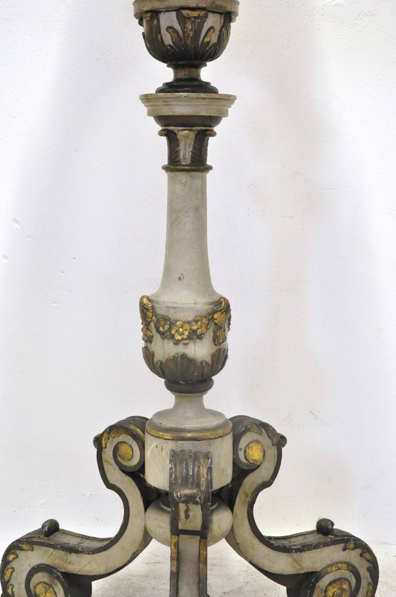 Hand-Carved 19th Century Italian Carved Polychrome and Gilt Floor Lamp on Tripod Base