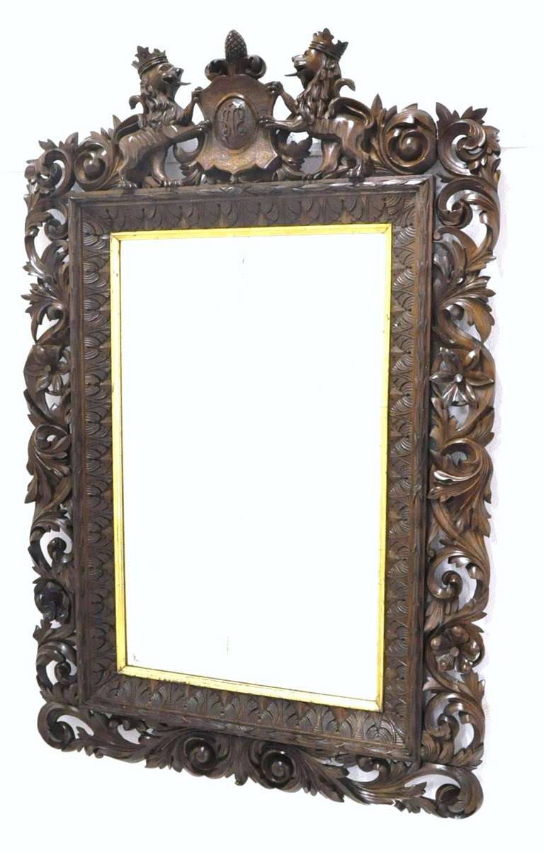 Beveled 19th Century German Black Forest Carved Walnut Wall Mirror and Foliage Decor