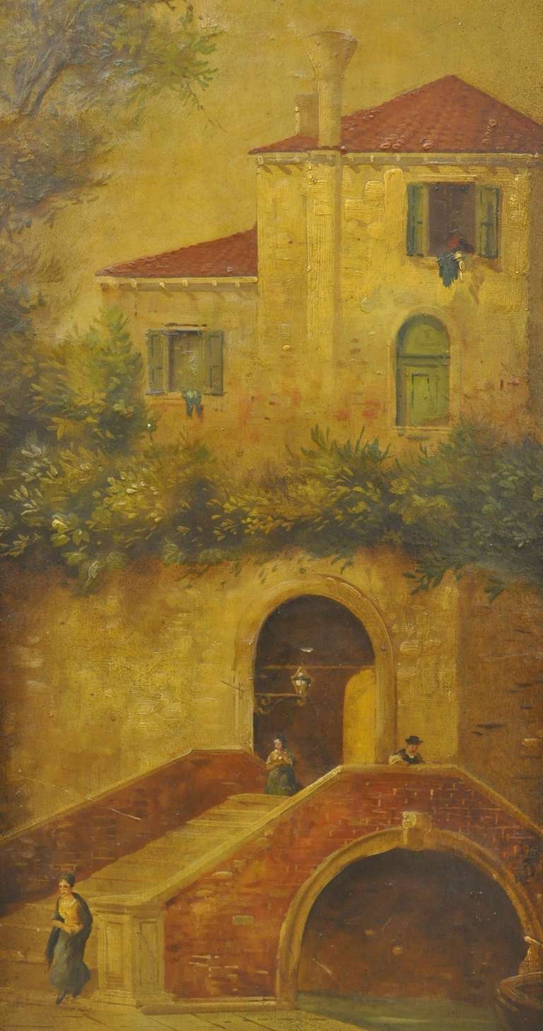 19th century Venetian painted three panel screen with pastoral and fishing scenes.