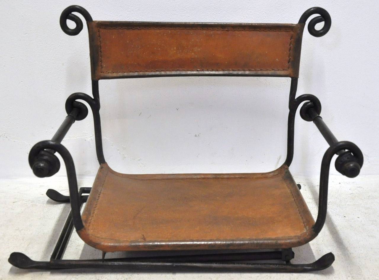 Set of Four Italian Wrought Iron Campaign Folding Armchairs with Brown Leather 3