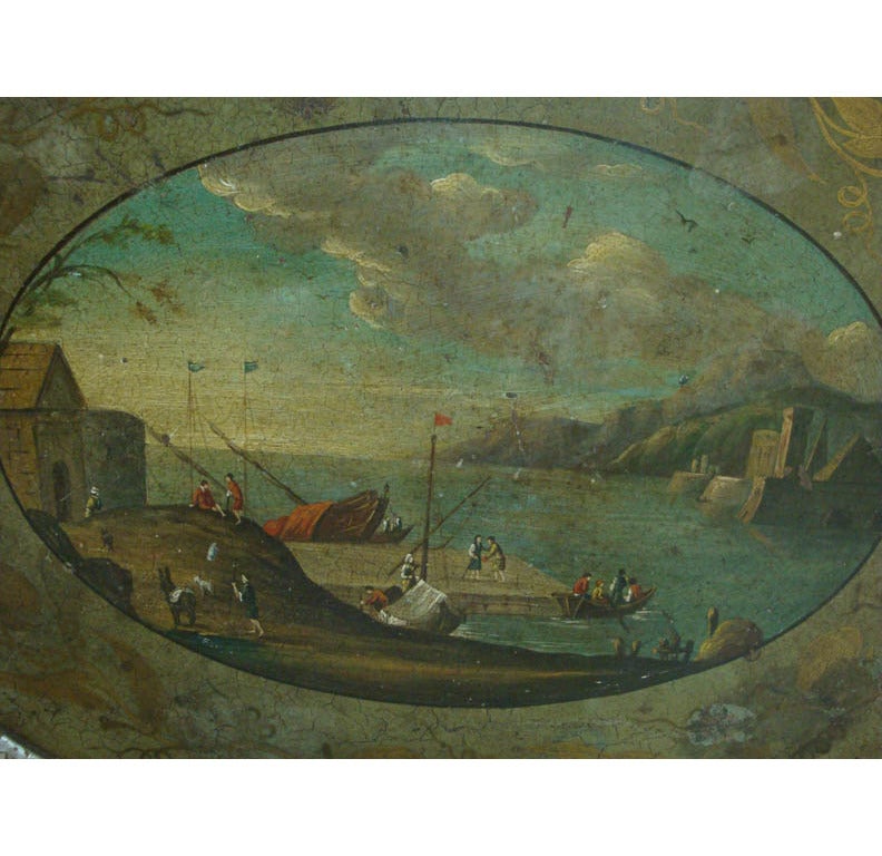 This beautiful antique oval tole tray was crafted in France, circa 1870. The colorful hand painted tray with handles on either side features an elegant pierced gallery around the perimeter. The center depicts an illustrated, detailed harbor scene in