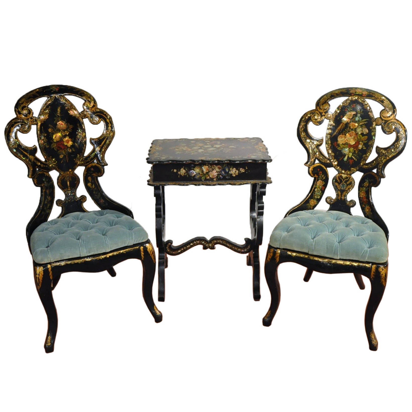 19th Century French Lacquered Gilt and Mother of Pearl Chairs and Table Set