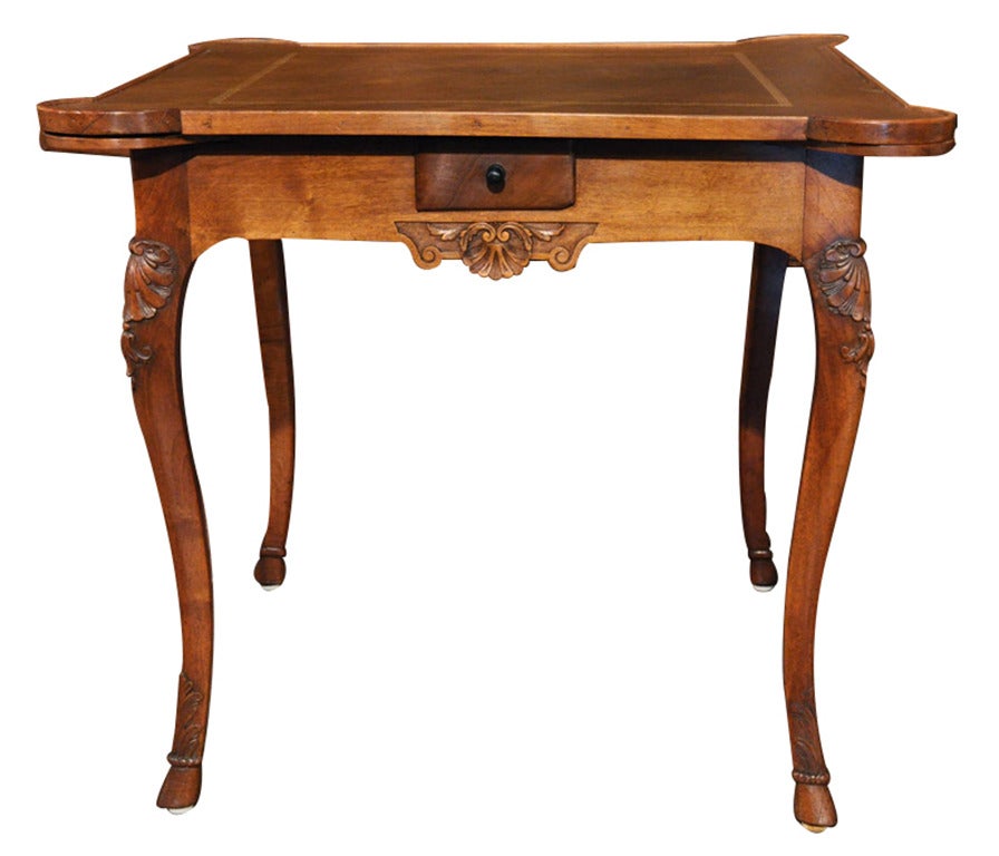 19th Century French Antique Walnut Louis XV Game Table with Leather Top