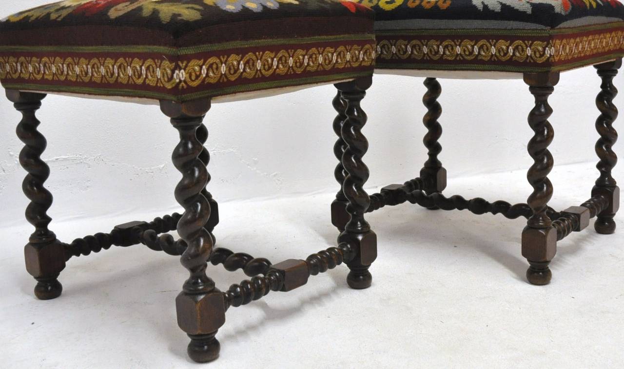 Pair of  Louis XIII Antique Walnut Barley Twist Stools with Needlepoint Tapestry In Excellent Condition In Dallas, TX