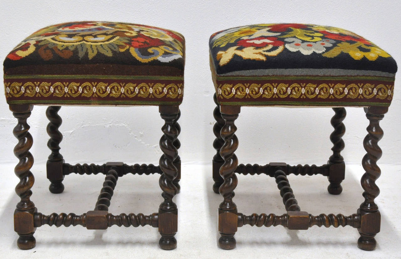 19th Century Pair of  Louis XIII Antique Walnut Barley Twist Stools with Needlepoint Tapestry