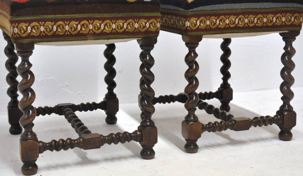 Pair of  Louis XIII Antique Walnut Barley Twist Stools with Needlepoint Tapestry 1