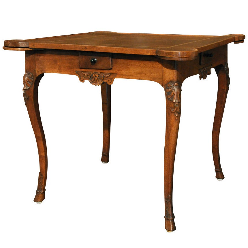 19th Century French Antique Walnut Louis XV Game Table with Leather Top